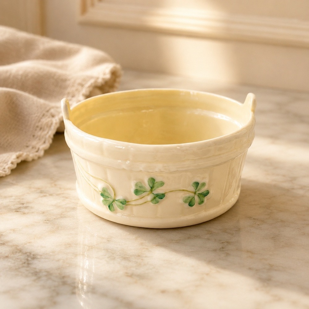 Belleek Ireland Shamrock Open Sugar Bowl Vintage 6th Green Mark Irish Pottery